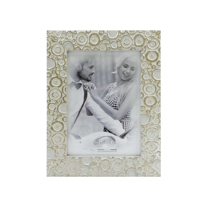KG105B Cornice in legno bianco e argento con cerchi in rilievo