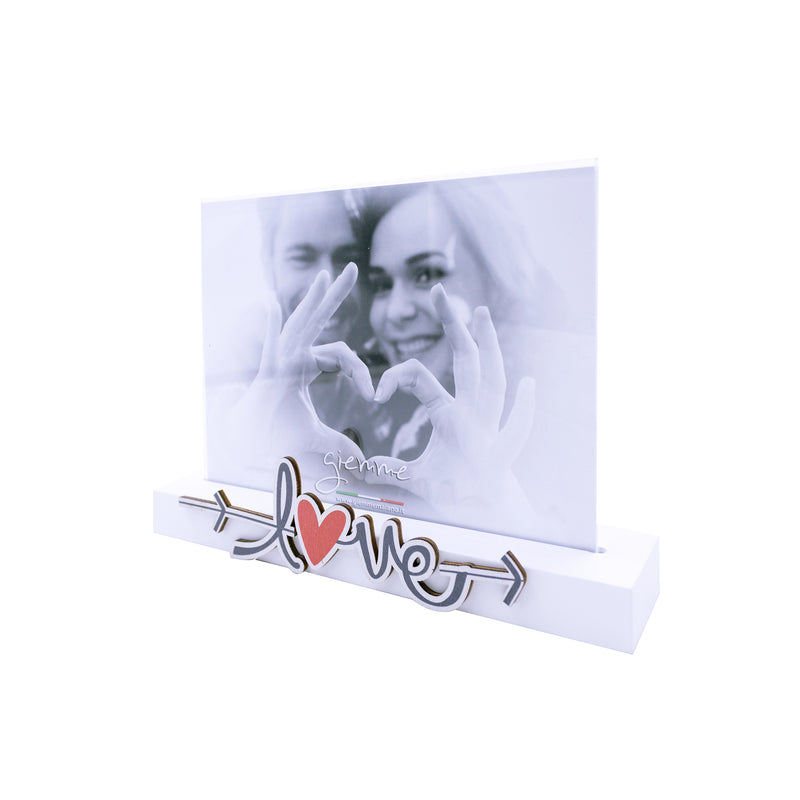 KQT206 cornice con base legno bianco e plexiglass con scritta Love